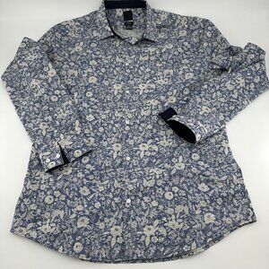 H&M Mens Slim Fit Floral Long Sleeve Shirt Blue White Size Large